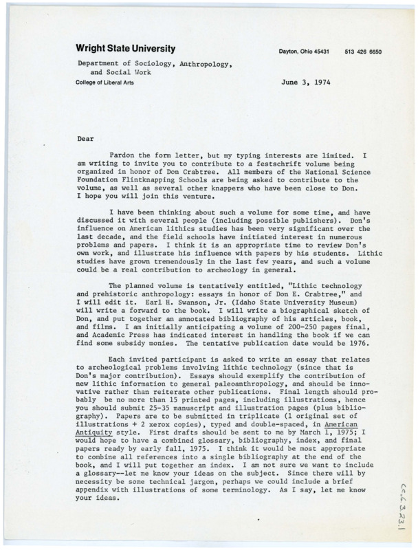 Typewritten letter from Ruthann Knudson that is a blank draft to request people to contribute to Crabtree's festschrift volume.