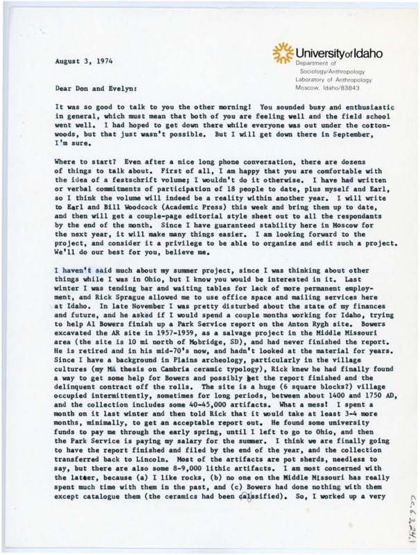 Typewritten letter from Ruthann Knudson to Donald Crabtree regarding her work on a collection that Alfred Bowers had started working on decades before.