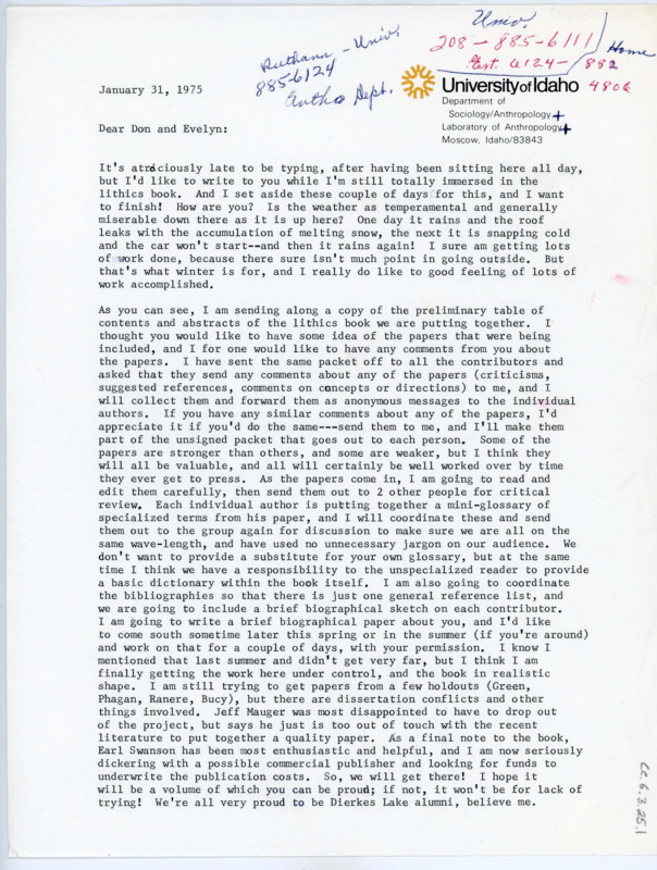 Typewritten letter from Ruthann Knudson to Donald Crabtree regarding the work on the festschrift and her work on the Red Smoke Project.