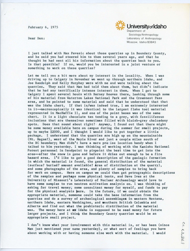 Typewritten letter from Ruthann Knudson to Donald Crabtree to inquire about the quarries in Boundary County and suggested working on them together with Max Pavesic.