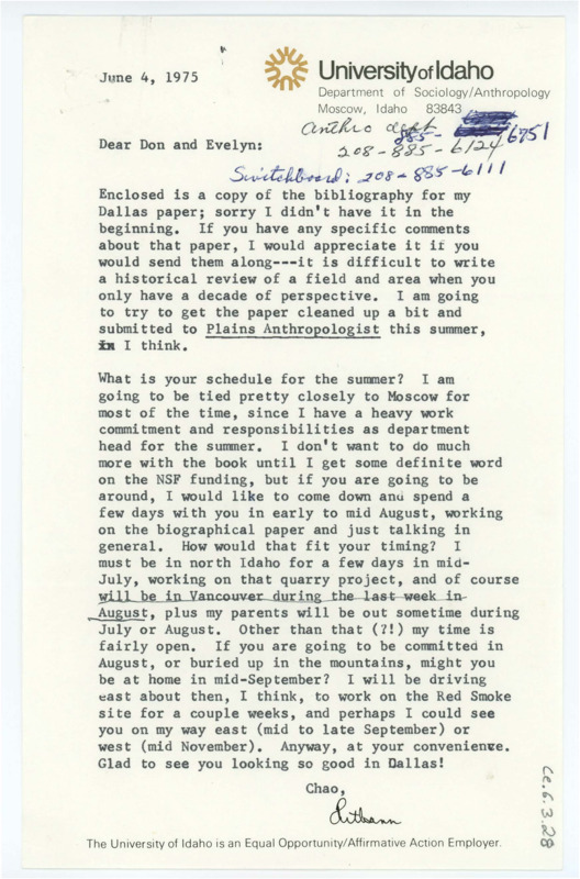 Typewritten letter from Ruthann Knudson wherein she enclosed her bibliography for her paper and asked about going to visit Crabtree in the summer.