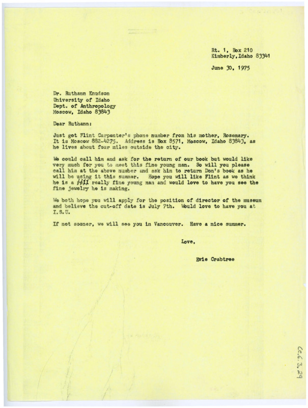 Typewritten letter from Evelyn Crabtree to Ruthann Knudson asking her to recover a book of Don's from someone in Moscow and to see Flint Carpenter's work.