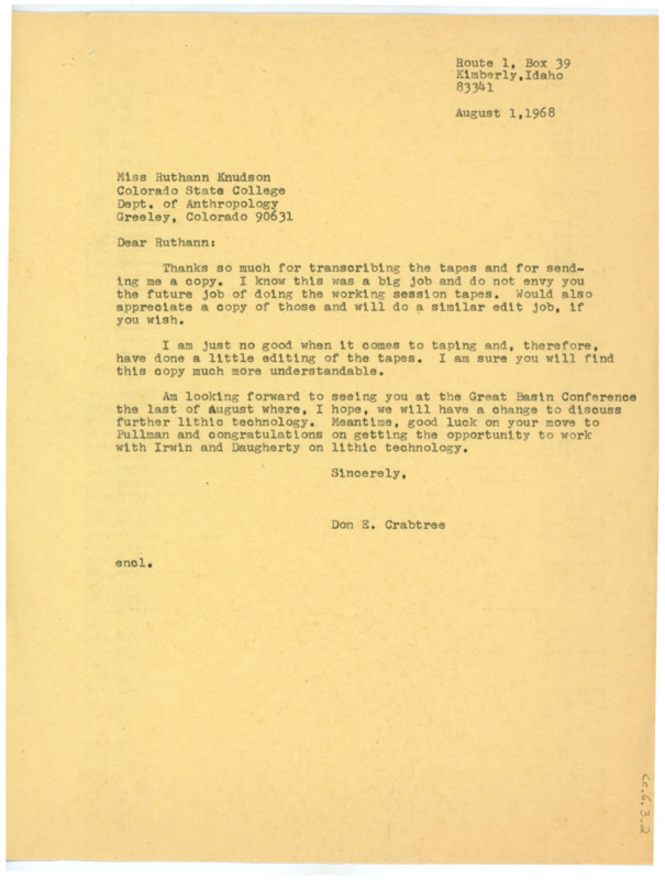 Typewritten letter from Donald Crabtree to Ruthann Knudson to thank her for transcribing some tapes and to express his desire to see her at an upcoming conference.