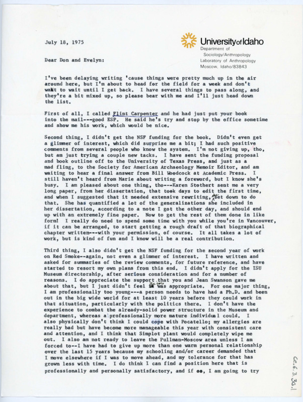 Typewritten letter from Ruthann Knudson to Donald Crabtree to update him on her progress on the festschrift volume, her work, and some other things.