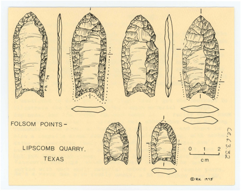 Typewritten card from Ruthann Knudson. Front: art of folsom points from Lipscomb Quarry in Texas. Inside: Typewritten letter from Ruthann to wish Crabtree a speedy recovery and to update him on her upcoming work with Jorge Espinosa.