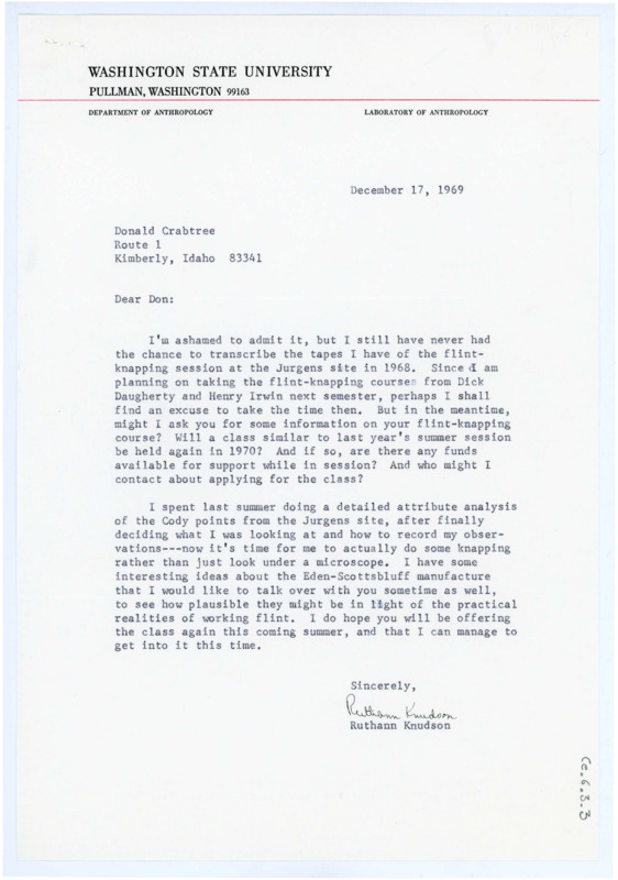 Typewritten letter from Ruthann Knudson where she apologized to Crabtree for not having transcribed the tapes of the films she was supposed to. She also inquired about the upcoming summer session and updated him on her work.