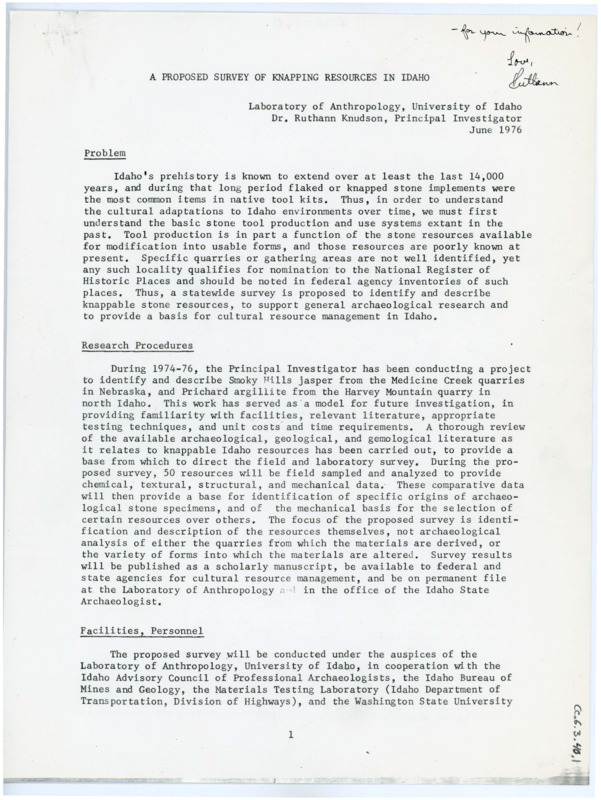 Typewritten proposal to survey knapping resources in the state of Idaho. Includes research procedures, personnel list, time schedule, and a budget.