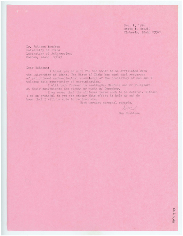 Typewritten letter from Donald Crabtree to Ruthann Knudson where he accepted the Research Associate position at the University of Idaho.