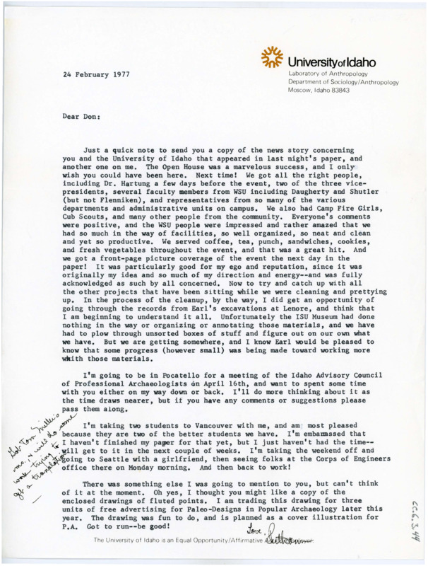 Typewritten letter from Ruthann Knudson to Donald Crabtree where she informed him of how the open house for the Anthropology Lab at the University of Idaho went and her upcoming plans.