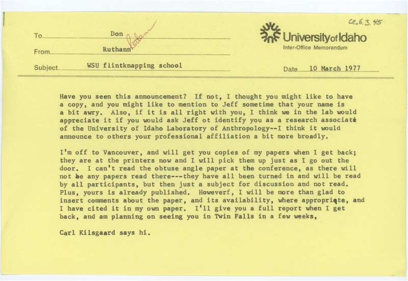 Typewritten letter from Ruthann Knudson where she suggested Crabtree speak to someone about changing the wording of his affiliation.