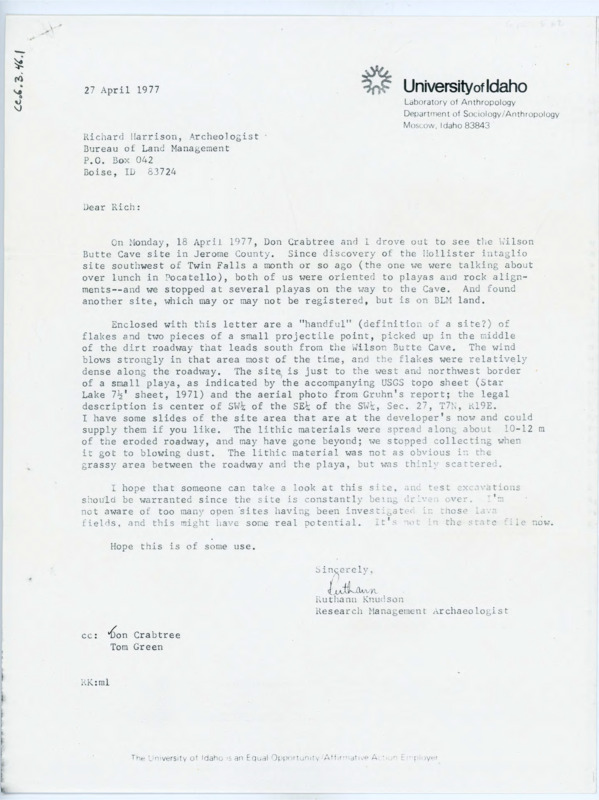 A series of correspondence between Ruth Ann Knudson, Donald "Don" E. Crabtree, and Richard Harrison regarding observations and findings at the Wilson Butte Cave site; maps of the site location are included, along with a memorandum and photographs of the site.