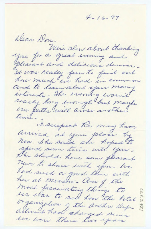 Handwritten letter from Clara Knudson to thank Crabtree for letting them visit and to talk about Ruthann. There is an envelope attached.