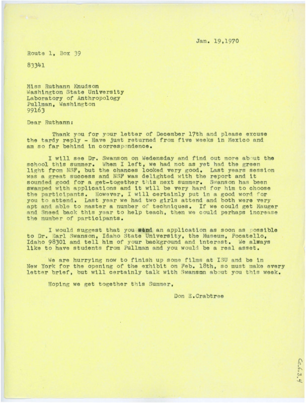 Typewritten letter from Donald Crabtree to Ruthann Knudson to give her information about the summer field school.