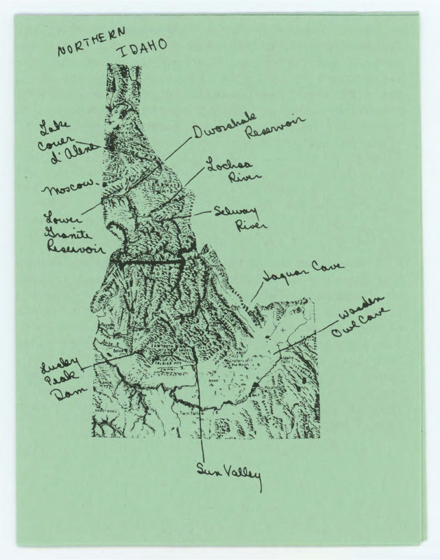 Holiday card from Ruthann Knudson. Front: art of the state of Idaho with various cities labeled. Inside: handwritten note from Knudson wishing Crabtree a better year, as well as a typewritten summary of her year.