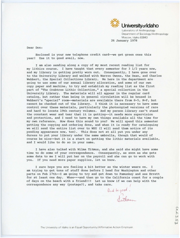 Typewritten letter from Ruthann Knudson where she updated Crabtree on her plans with the University of Idaho Library and about finding him a typist for correspondence.