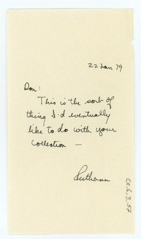 Handwritten note from Ruthann Knudson that says that this is what she would like to do with Crabtree's collection.