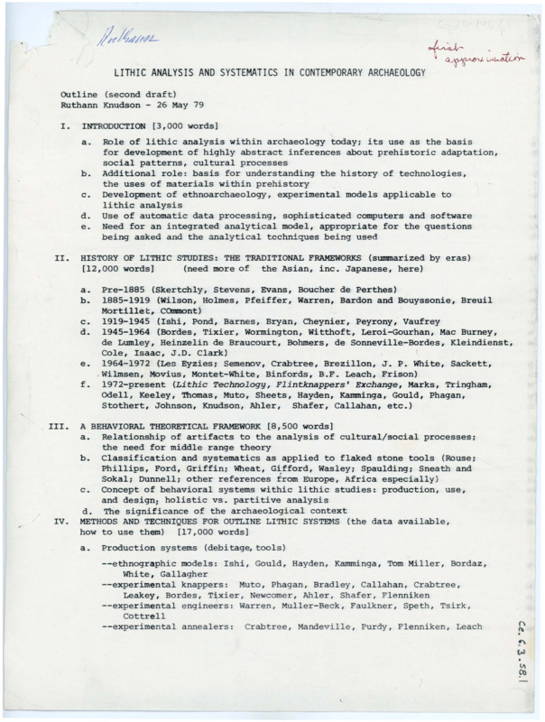 Typewritten draft of Ruthann's outline for her paper "Lithic Analysis and Systematics in Contemporary Archaeology."