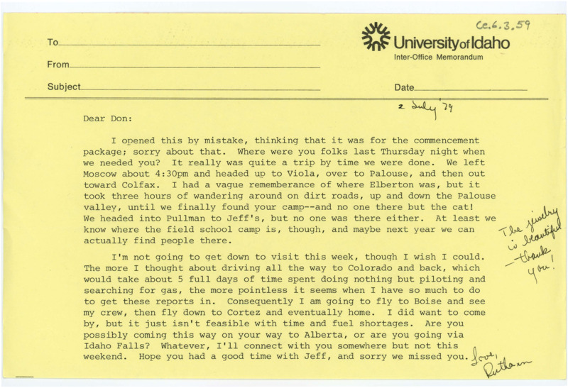 Typewritten letter from Ruthann Knudson regarding missing Crabtree at the field school and her change of plans for her upcoming travel.