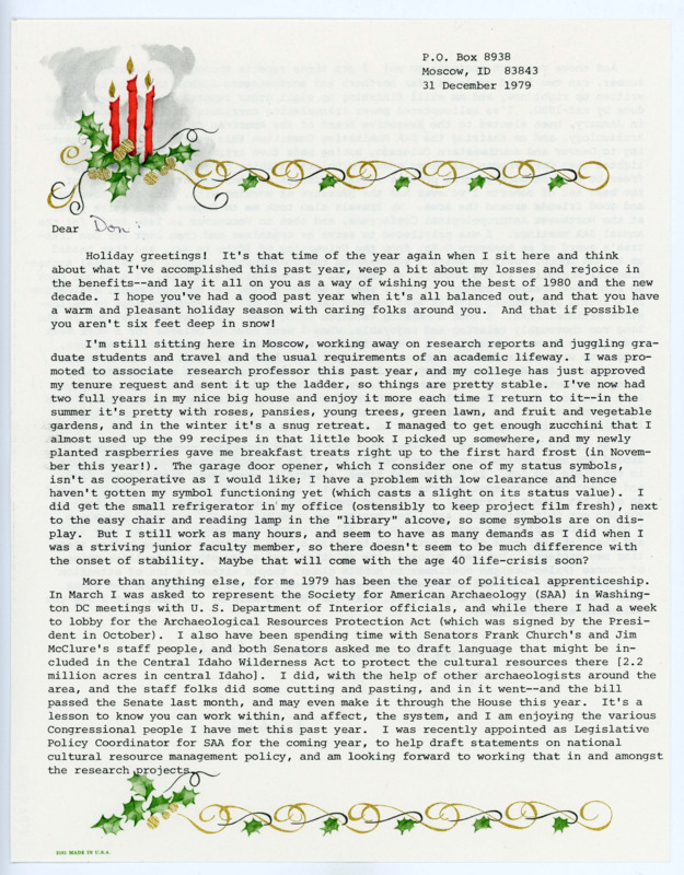 Typewritten holiday letter from Ruthann Knudson where she summarized her year and sent a holiday card and envelope. Front: Printed greeting. Inside: handwritten note from Ruthann to Crabtree.