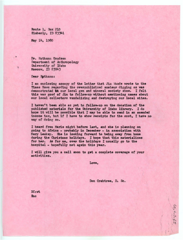 Typewritten letter from Donald Crabtree to Ruthann Knudson where he forwarded her a letter from Jim Woods regarding an amateur digging.