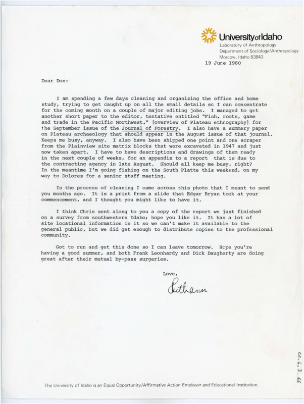 Typewritten letter from Ruthann Knudson to Donald Crabtree to update him on her work and personal life.