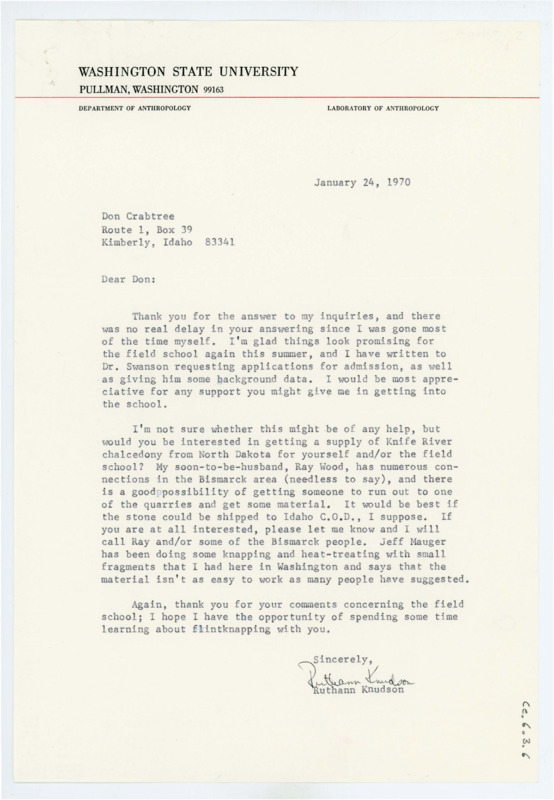 Typewritten letter from Ruthann Knudson wherein she talked about the field school and offered to bring Crabtree some raw materials.