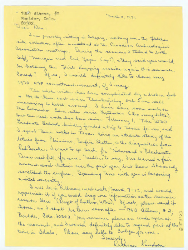 Handwritten letter from Ruthann Knudson where she updated Crabtree on her health and work, and asked him for information about the summer session.