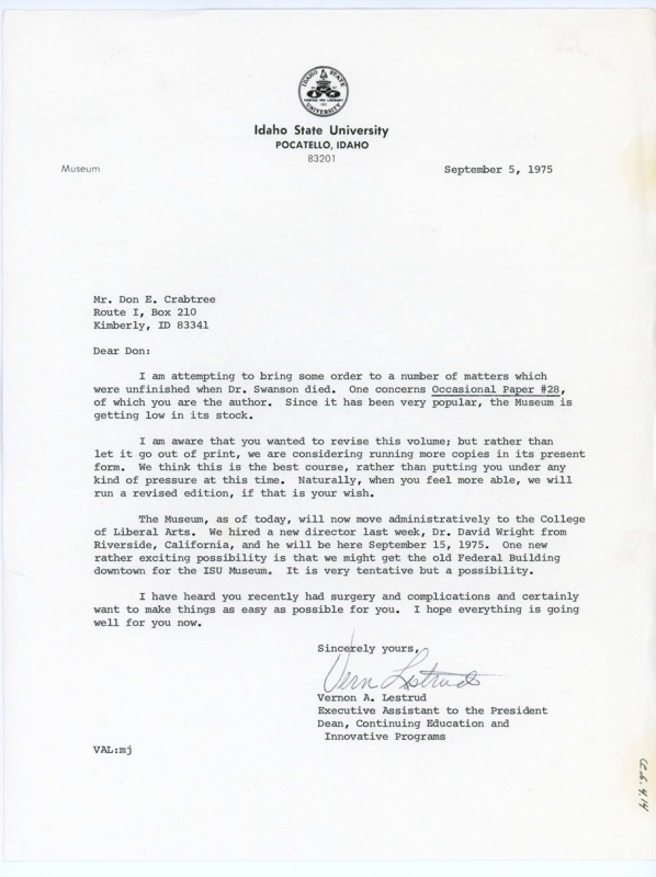 Typewritten letter from Vernon Lestrud asking him to revise a paper before they made reprints.