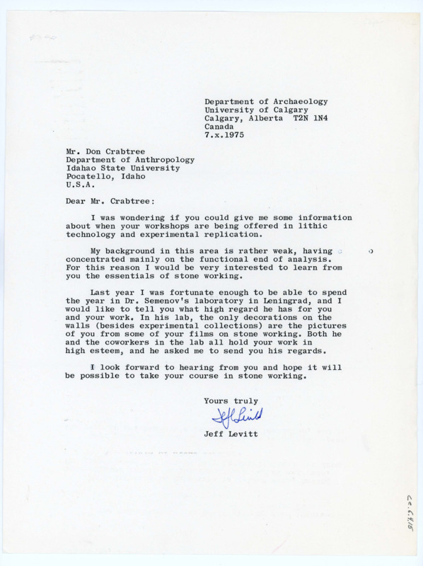 Typewritten letter from Jeff Levitt to Donald Crabtree asking for information about lithics workshops.