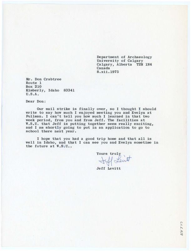 Typewritten letter from Jeff Levitt to Donald Crabtree to thank him for meeting with him at Washington State University.