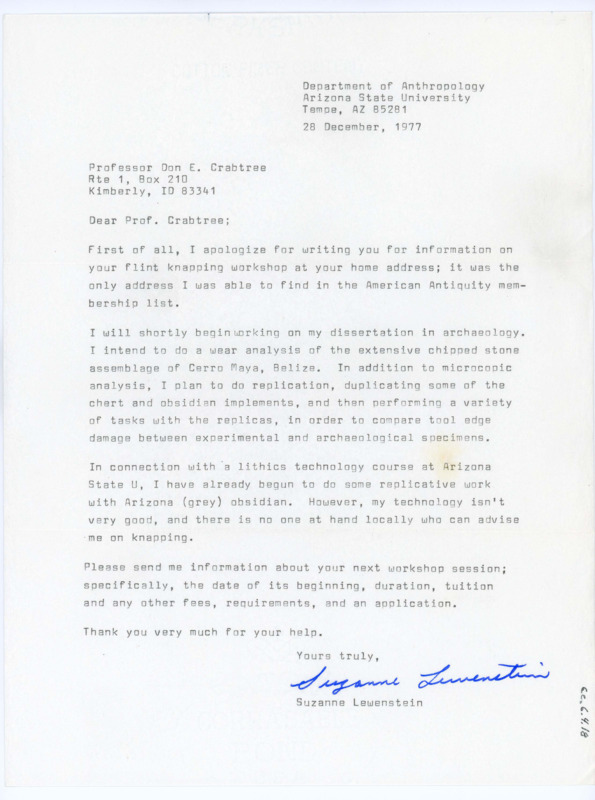 Typewritten letter from Suzanne Lewenstein to Donald Crabtree where she introduced herself and her studies and requested information on the summer field school.