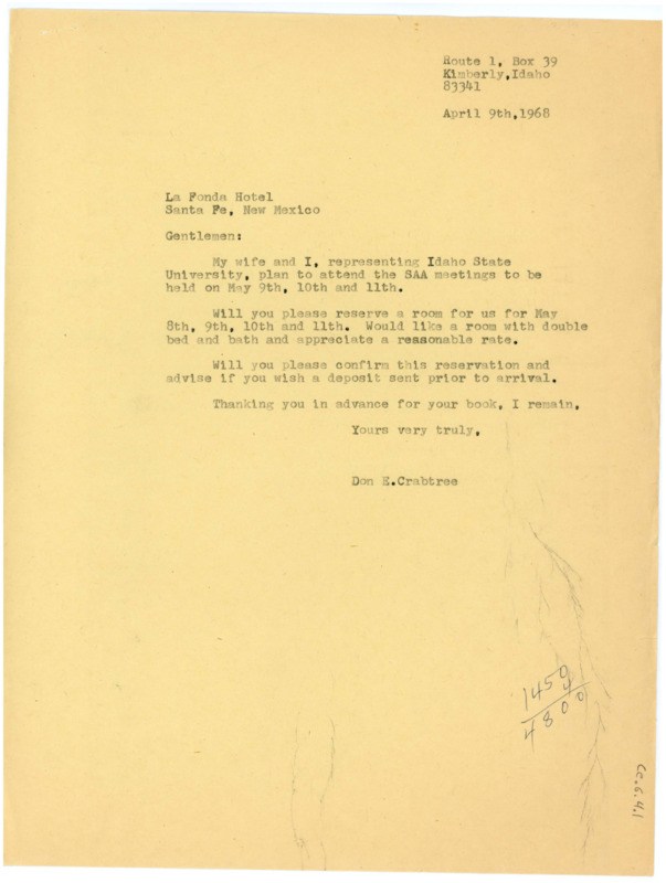 Typewritten letter from Donald Crabtree to the La Fonda Hotel in Santa Fe, New Mexico to reserve a room.