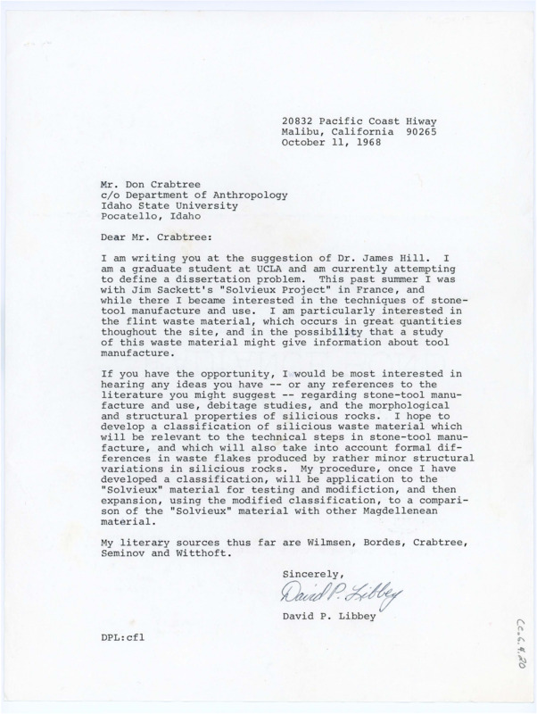 Typewritten letter from David Libby to Donald Crabtree to request literature on various lithic manufacturing process.