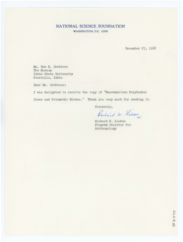 Typewritten letter from Richard Lieban to Donald Crabtree to thank him for sending him a copy of a paper.