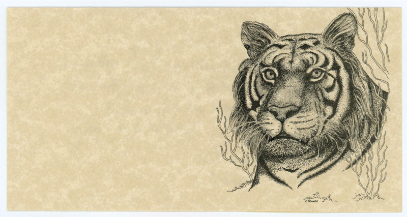 Greeting card from Irene Link to Donald Crabtree with an envelope attached. Front: art of a tiger. Inside: handwritten note from Irene asking Crabtree to let her know when he is ready to be interviewed.