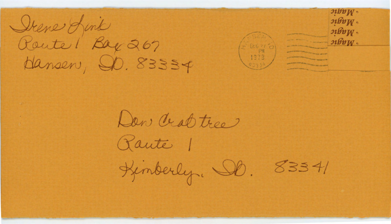 Letter from Irene Link to Donald Crabtree that has printed sayings on the inside of the letter, and a handwritten note wishing Don a happy new year.