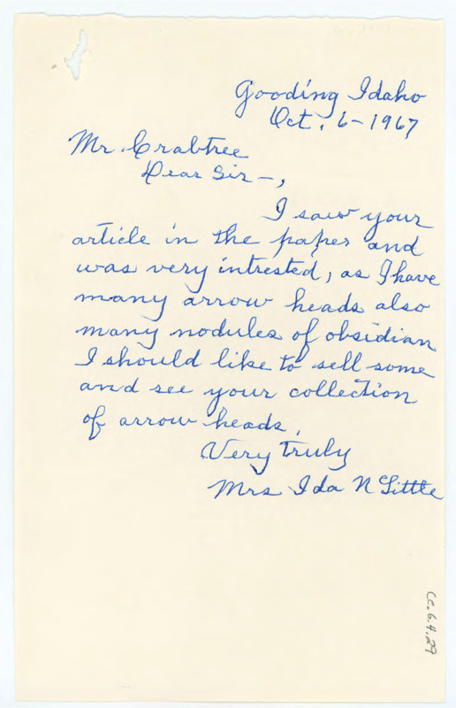 Handwritten letter from Ida Little responding to an article in the paper. She offered to sell part of her collection of arrowheads to him.