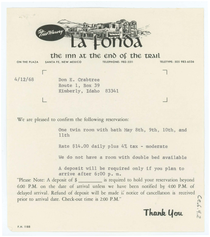 Typewritten letter confirming Crabtree's reservation for a room at the La Fonda Hotel in Santa Fe, New Mexico.