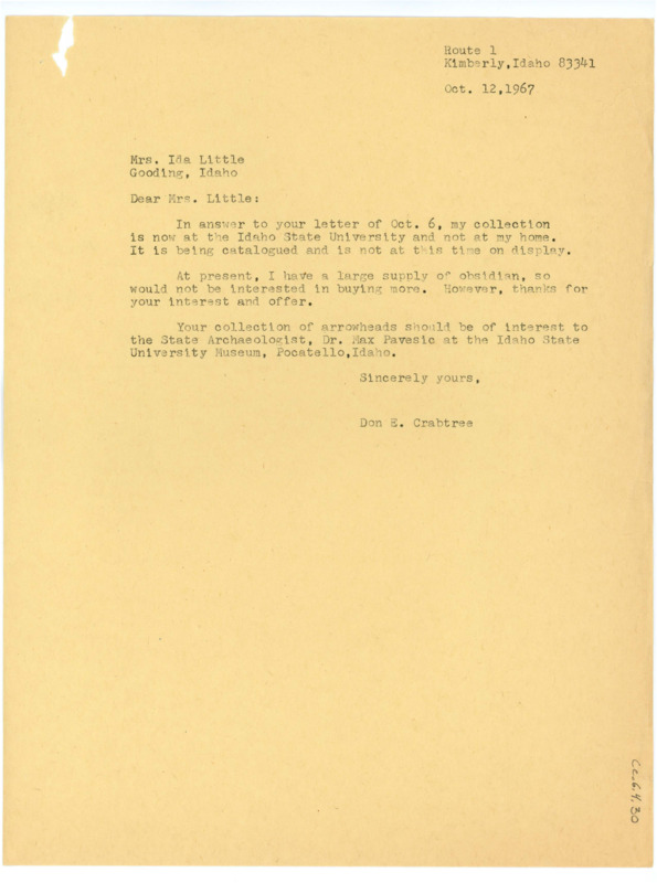 Typewritten letter from Donald Crabtree to Ida Little answering her questions about his collection.