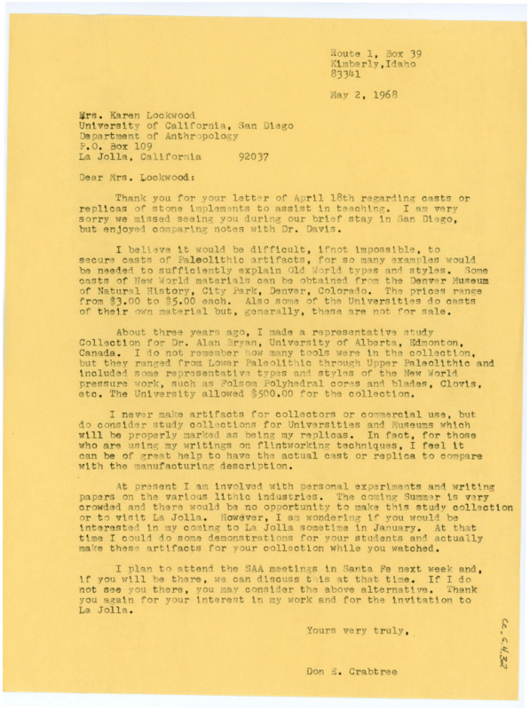 Typewritten letter from Donald Crabtree to Karen Lockwood where he suggested a few places for her to obtain casts of artifacts and offered to hold a demonstration for her students at a later date.