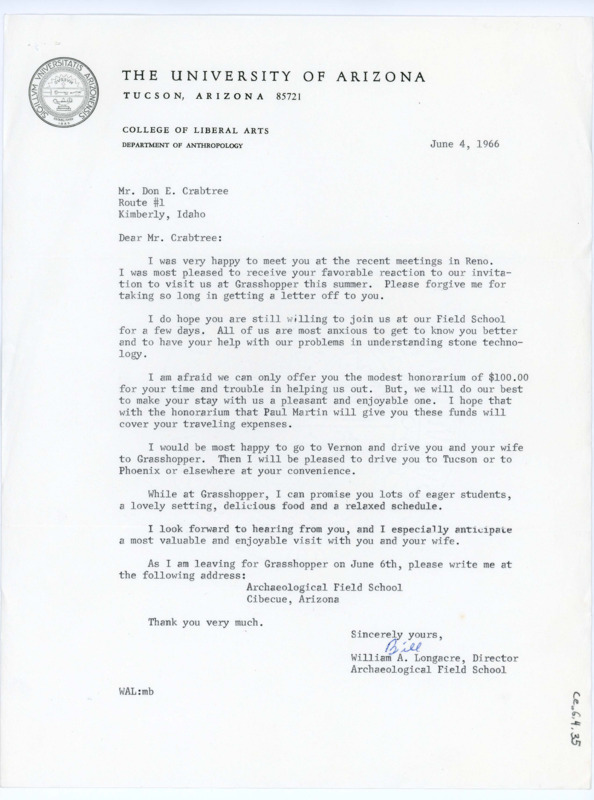 Typewritten letter from Bill Longacre to Donald Crabtree to give him information on his potential trip to the Grasshopper site.