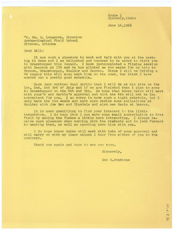 Typewritten letter from Donald Crabtree to Bill Longacre with his travel plans for confirmation.