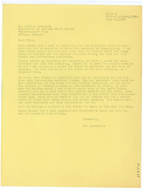 Typewritten letter from Donald Crabtree to Bill Longacre to thank him for letting them visit the Grasshopper site and for mailing his tools back to him.