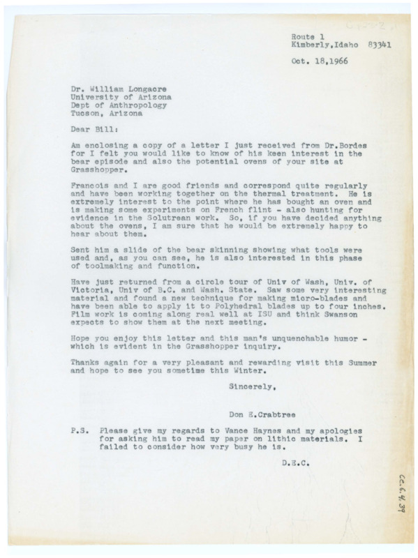 Typewritten letter from Donald Crabtree to Bill Longacre to introduce him to Francois Bordes and update him on his recent travels.