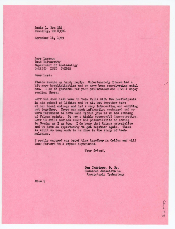 Typewritten letter from Donald Crabtree to Lars Larsson to update him on his recent work and meetings with others.