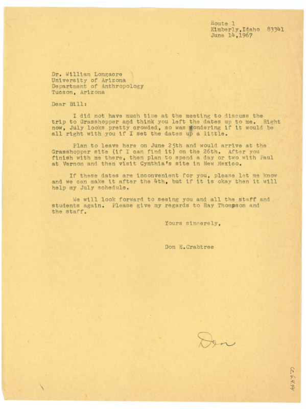 Typewritten letter from Donald Crabtree to Bill Longacre to confirm the dates that he would be visiting the Grasshopper excavation site.