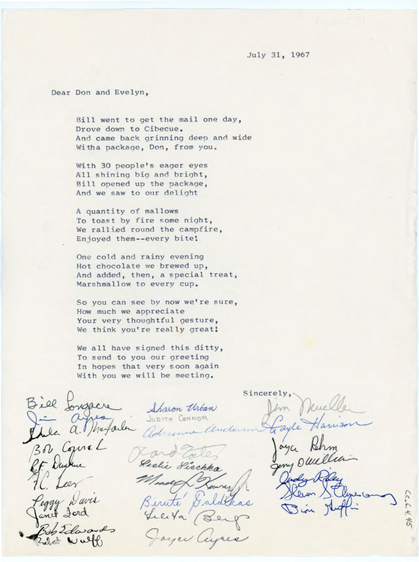 Typewritten poem for Donald and Evelyn Crabtree signed by many people.