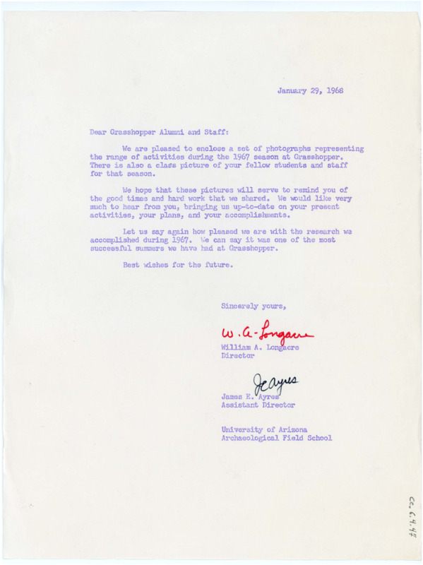 Typewritten letter from Longacre and Ayres to thank everyone who worked on the Grasshopper site and sent photographs.