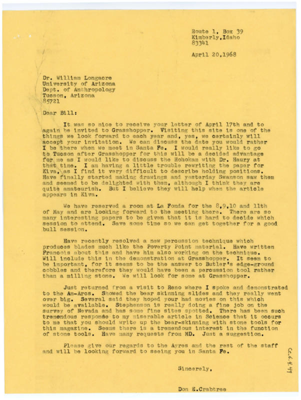 Typewritten letter from Donald Crabtree to Bill Longacre to confirm that he would visit the Grasshopper site and updated him on his work.