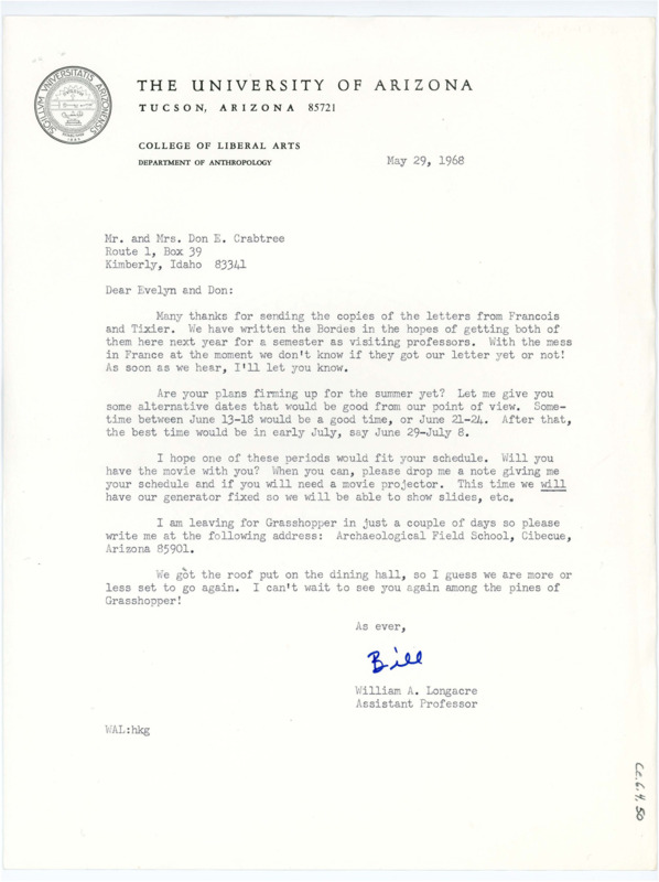 Typewritten letter from Bill Longacre to Donald Crabtree to confirm when he would be visiting the Grasshopper excavation site.